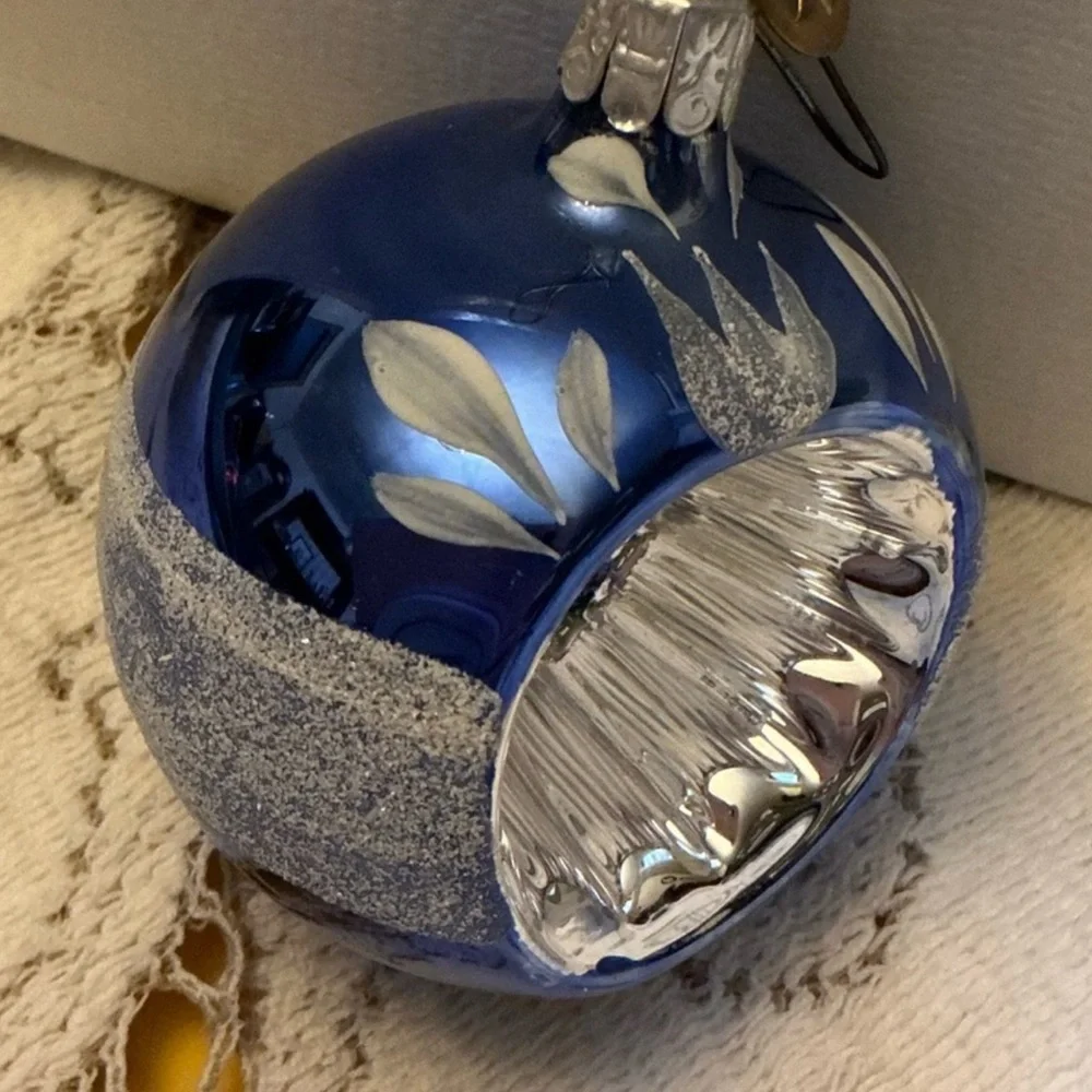 Vintage Blue Silver Indent Reflector Glass Christmas Ornament 2.5”